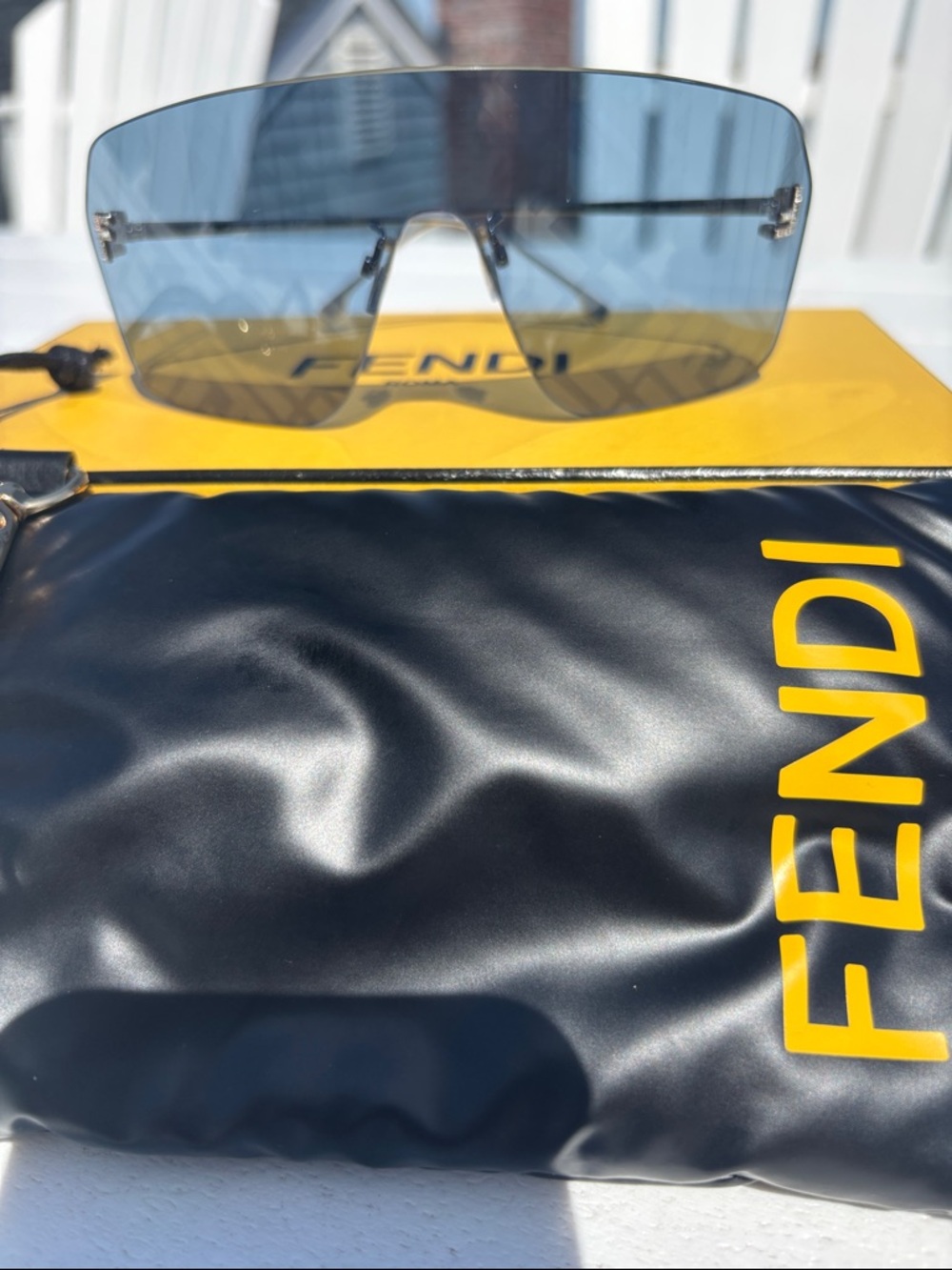 Fendi Rimless Shield Sunglasses in Blue Lens with Black/Yellow Soft Case